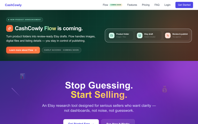 ภาพหน้าเว็บ CashCowly - Etsy Research Tool