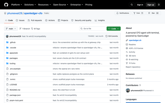 ภาพหน้าเว็บ GitHub - phureewat29/openledger-cfo: A personal CFO agent wi