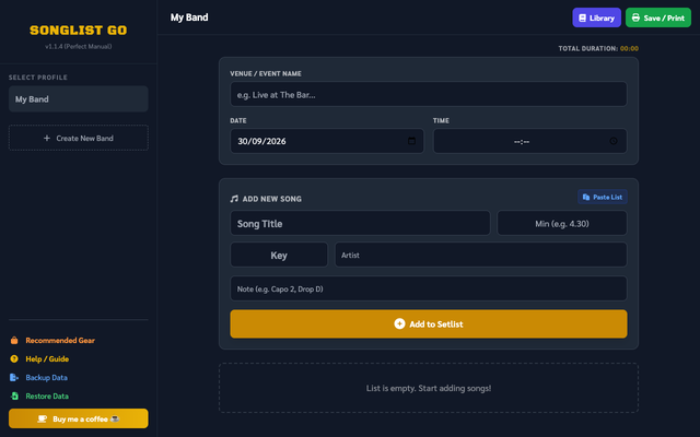 ภาพหน้าเว็บ SongList Go - Free Setlist Template & Maker (Printable PDF)