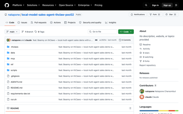 ภาพหน้าเว็บ GitHub - natapone/local-model-sales-agent-thclaw-poc02