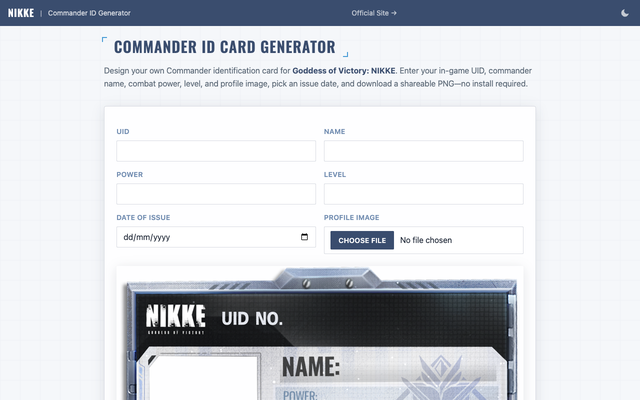ภาพหน้าเว็บ NIKKE Commander ID Card Generator
