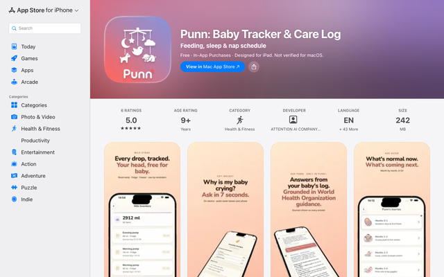 ภาพหน้าเว็บ ‎Punn: Baby & Pumping Tracker App - App Store